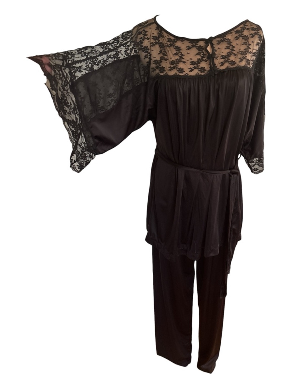 70s 2PC VAL MODE BLACK LOUNGEWEAR W LACE-DETAILS TOP & LONG PANT SLEEP SET SZ L - Picture 2 of 8